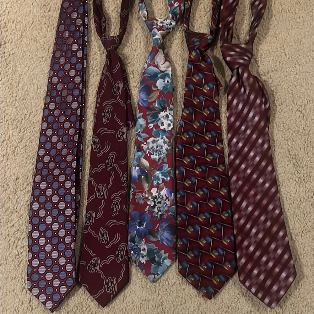 Set of Five Patterned Ties in Burgundy and Blues